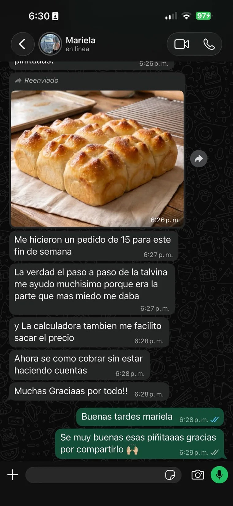 Mensaje de Mariela mostrando sus piñitas y el pedido de 15